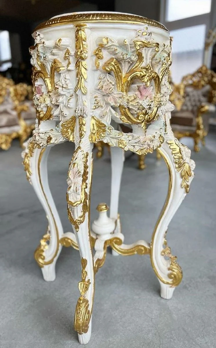 Baroque column with marble top white / pink / gold - magnificent antique style solid wood flower table - living room furniture in baroque style - antique style furniture - baroque furniture