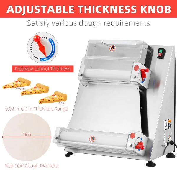 Commercial Pizza Dough Roller Sheeter, Max 16, Automatic 370W Electric Pizza Dough Roller, Stainless Steel, Suitable for Noodle, Pizza Bread and Pasta Maker Equipment