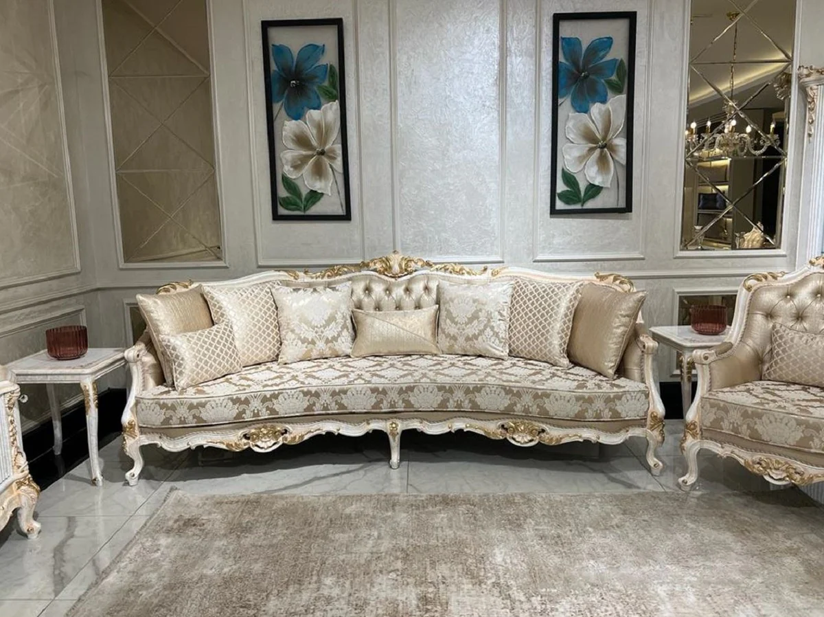 Luxury Baroque Sofa Gold / White / Gold - Handmade living room sofa with elegant pattern and decorative pillows - Living room furniture in baroque style