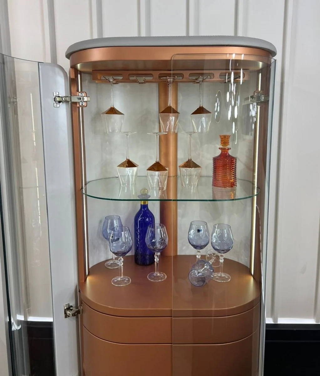 Luxury bar cabinet white / gray / copper 80 x 50 x H. 165 cm - Illuminated solid wood wine cabinet with 2 doors - Living room furniture - Bar furniture - Hotel furniture - Luxury collection