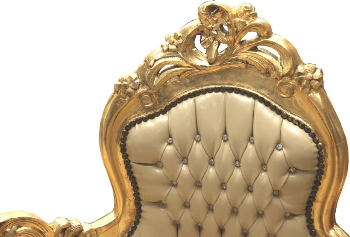Baroque chaise longue cream/gold leather look with bling bling rhinestones - chaise longue lounger