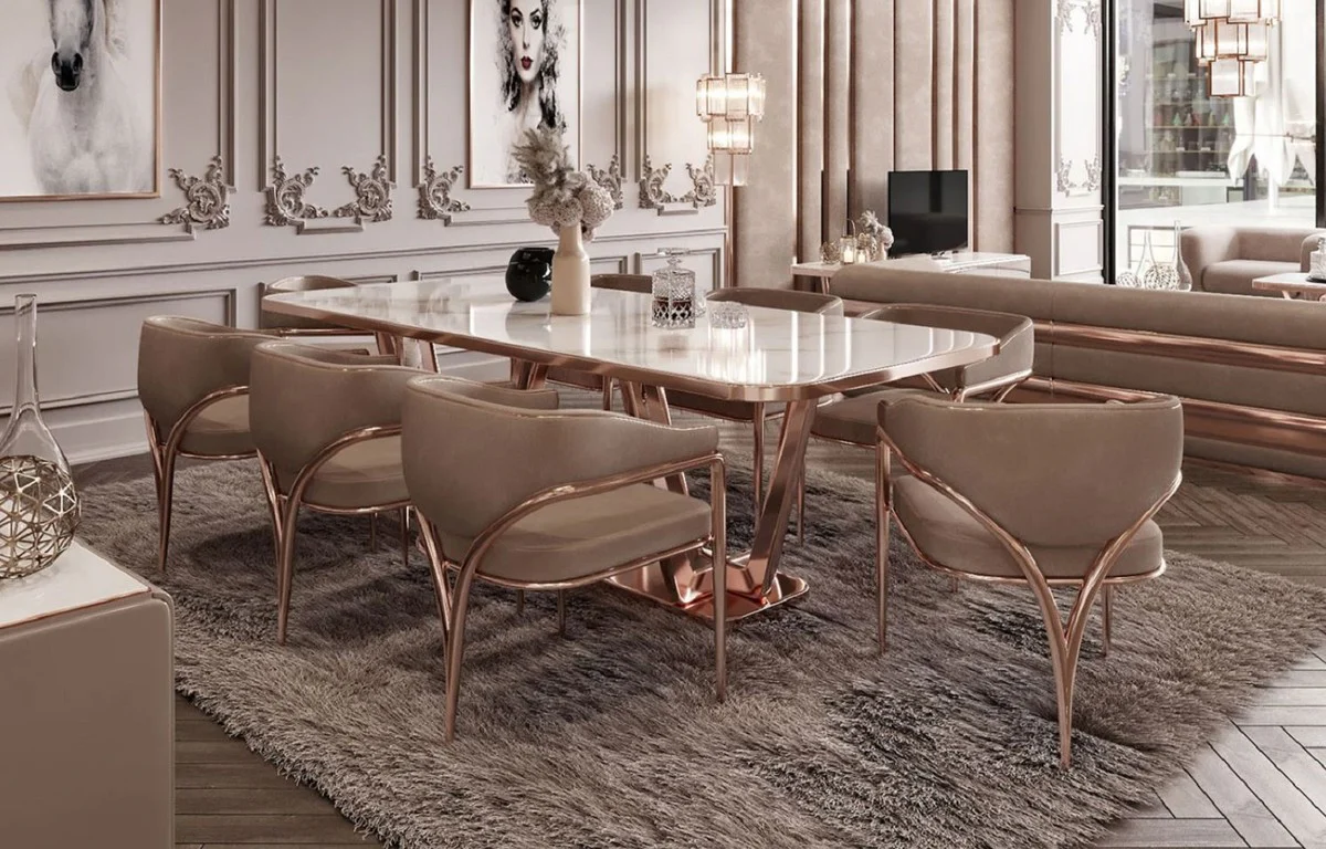 Luxury dining room chair set with armrests gray / copper 60 x 59.8 x H. 80 cm - kitchen chairs set of 8 - dining room furniture - restaurant furniture - luxury furniture - luxury furnishings