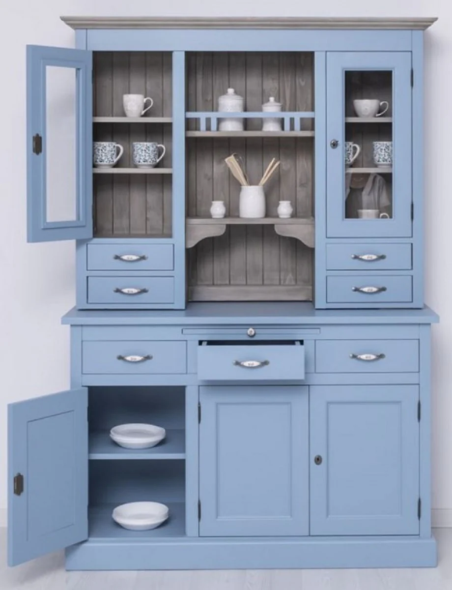 Country house style dining room cabinet light blue / gray 137 x 50 x H. 197 cm - solid wood kitchen cabinet - dining room furniture in country house style - country house style dining room furnishings