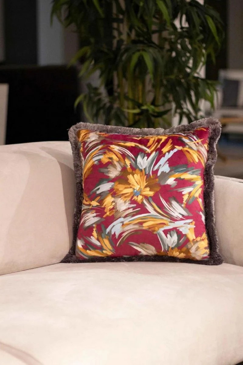 Luxury decorative cushion flowers design red / multicolored / gray 45 x 45 cm - printed velvet cushion with fringes - decorative accessories