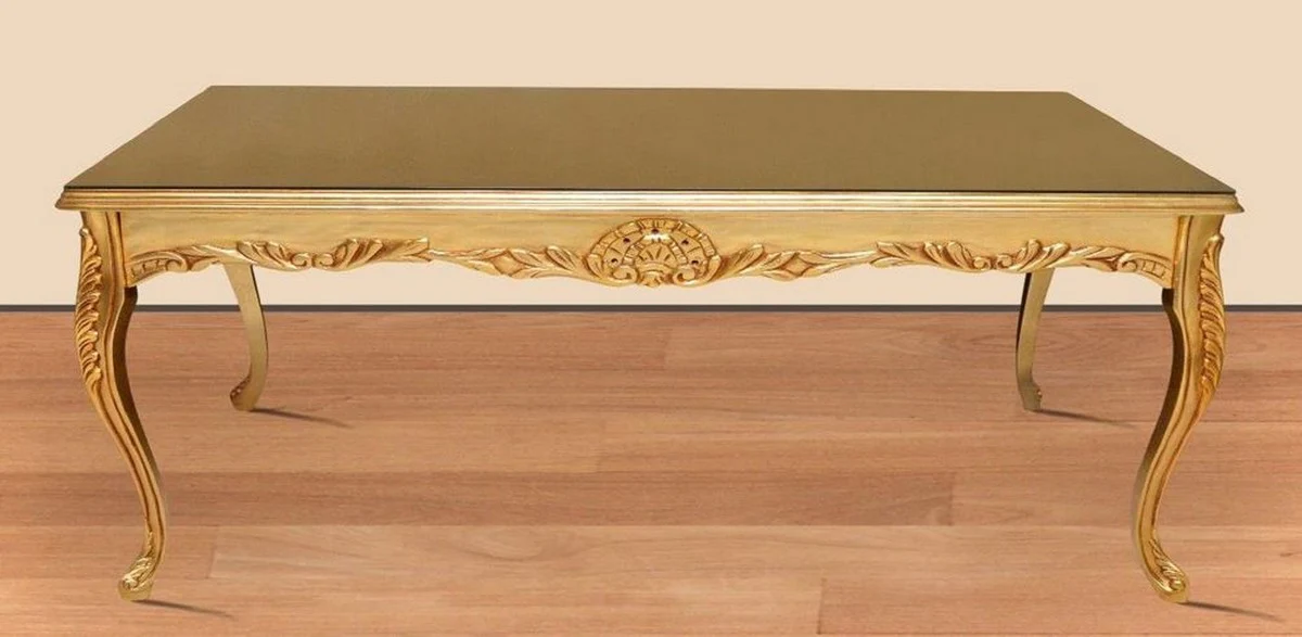 Baroque dining table gold 200 x 100 x H. 90 cm - solid wood kitchen table with glass top - baroque dining room furniture