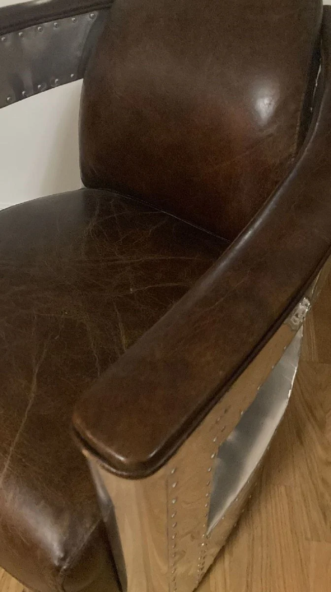 Luxury Art Deco leather armchair vintage dark brown / silver - aluminum living room armchair with high-quality genuine leather - lounge armchair - airplane aviator genuine leather furniture - luxury furniture