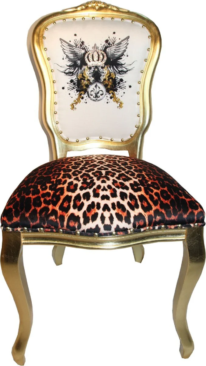 Pompöös by Luxury Baroque Dining Room Chairs Glitter Crown & Angel Wings Leopard / White / Gold 50 x 60 x H.104 cm - Pompöös Baroque Chairs designed by Harald Glööckler - 4 dining room chairs