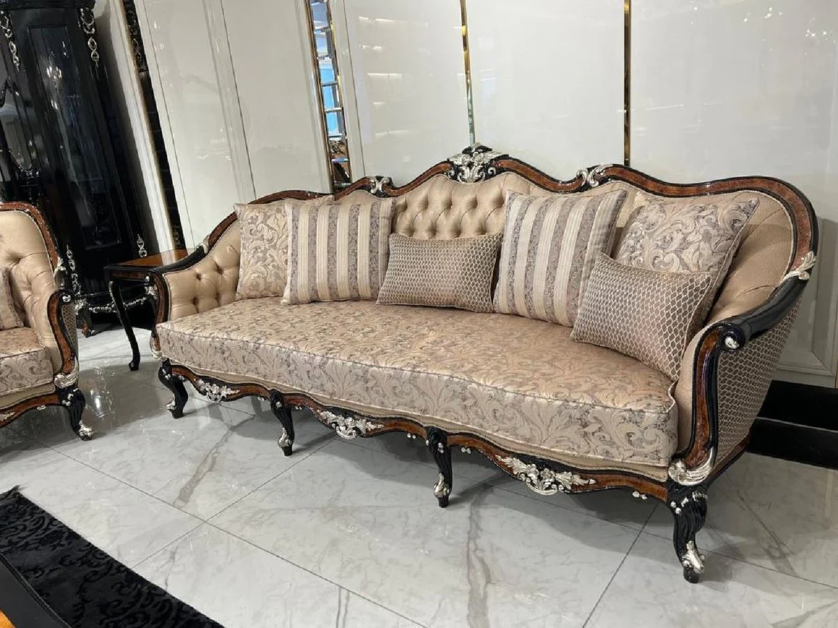 Luxury Baroque Living Room Sofa Gold / Brown / Black / Silver - Magnificent Baroque Style Sofa with Decorative Pillows - Luxury Living Room Furniture in Baroque Style - Baroque Furniture