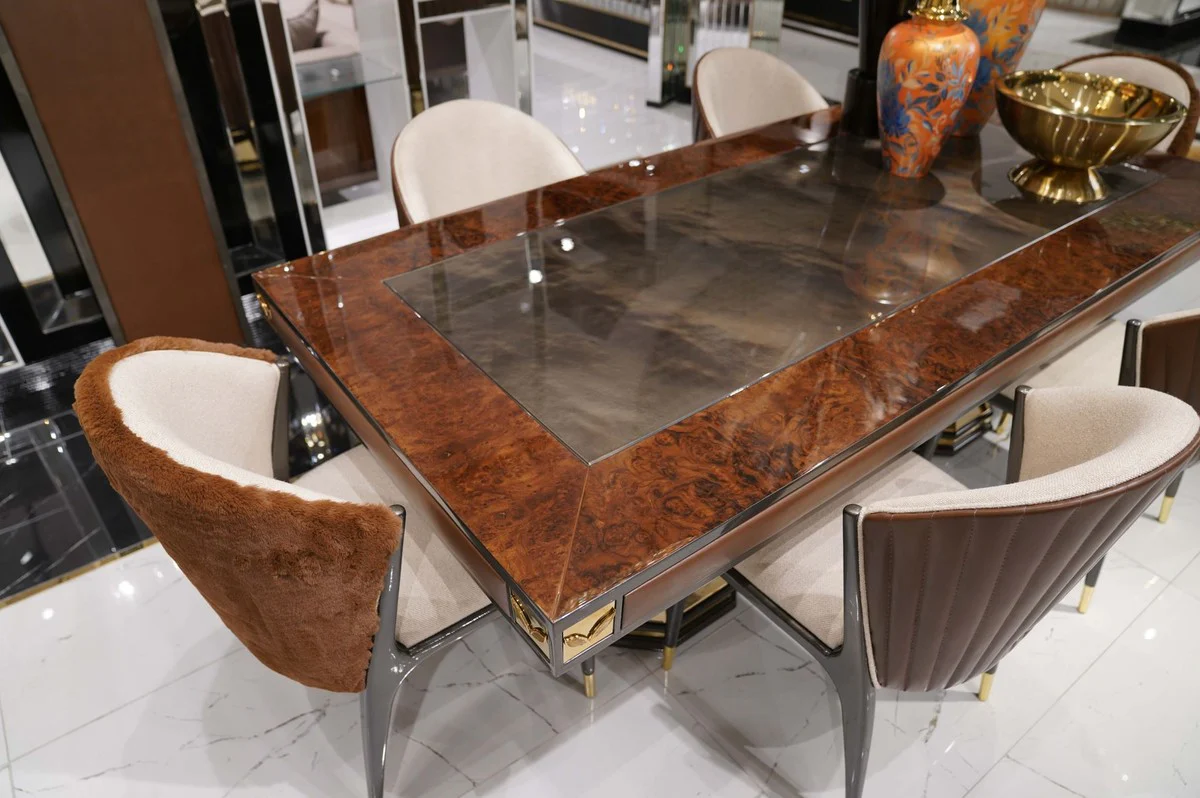 Luxury dining room set natural colors / brown / gray / gold - 1 luxury dining table & 6 luxury dining room chairs - dining room furniture - luxury furniture - luxury furnishings - dining room furnishings
