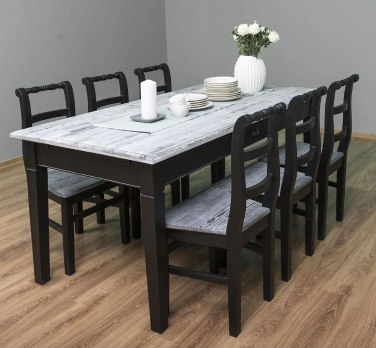 Country Style Dining Room Furniture Set Antique White/Black - 1 Dining Table & 6 Dining Chairs - Solid Wood Dining Room Furniture - Country Style Furniture