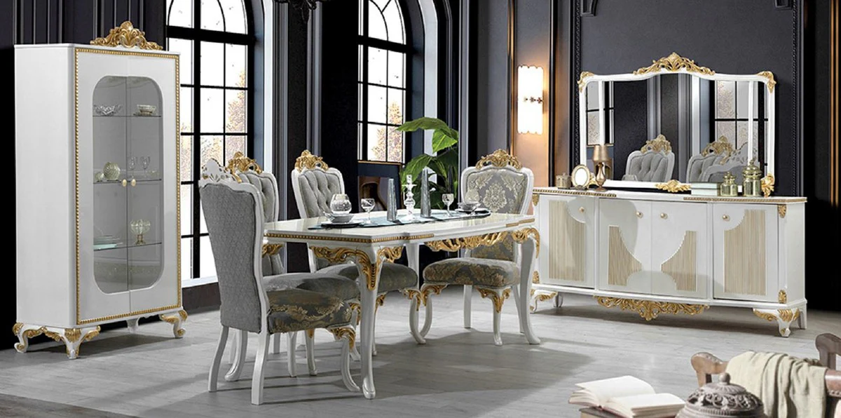Luxury Baroque Dining Room Set Gray / White / Gold - 1 Baroque Dining Table & 6 Baroque Dining Chairs - Dining Room Furniture in Baroque Style - Noble & Magnificent