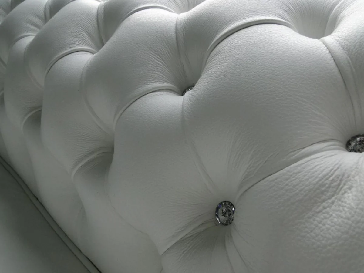 Chesterfield genuine leather 3-seater sofa in white with rhinestones 200 x 90 x H. 78 cm - luxury furniture