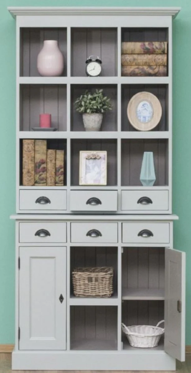 Country house style cabinet gray 97 x 40 x H. 210 cm - solid wood shelf cabinet with 2 doors and 6 drawers - furniture in country house style