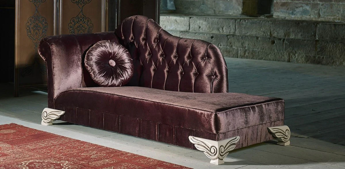 Luxury baroque chaise longue purple / cream - handmade solid wood chaise longue with elegant velvet fabric and decorative cushions - baroque furniture - noble and magnificent