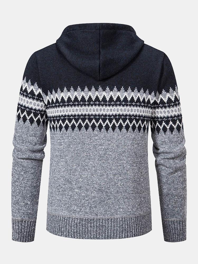 Geometric Pattern Zip Hooded Sweater