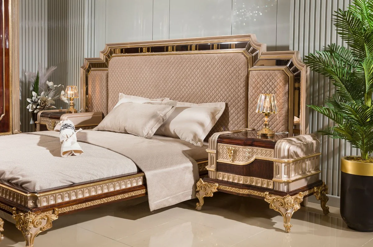 Luxury baroque double bed with 2 nightstands gray / dark brown / gold - baroque furniture