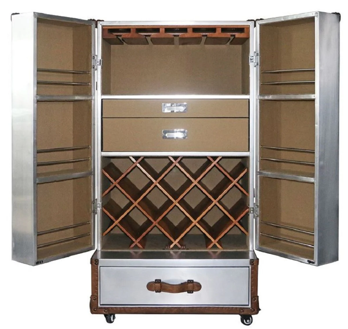 Luxury wine cabinet silver / brown 63 x 52 x H. 130 cm - aluminum suitcase cabinet with real leather - bar cabinet in suitcase design - luxury bar furniture