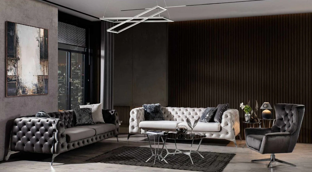 Luxury Chesterfield swivel armchair gray / silver 85 x 85 x H. 95 cm - Living room armchair - Chesterfield living room furniture