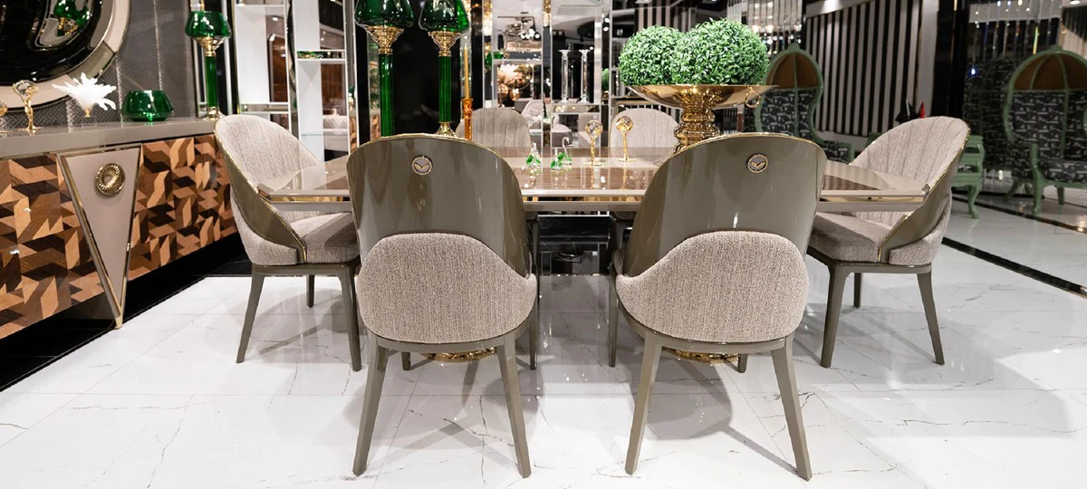 Luxury Dining Room Set Gray / Brown / Gold - 1 Luxury Dining Table & 6 Luxury Dining Chairs - Luxury Dining Room Furniture
