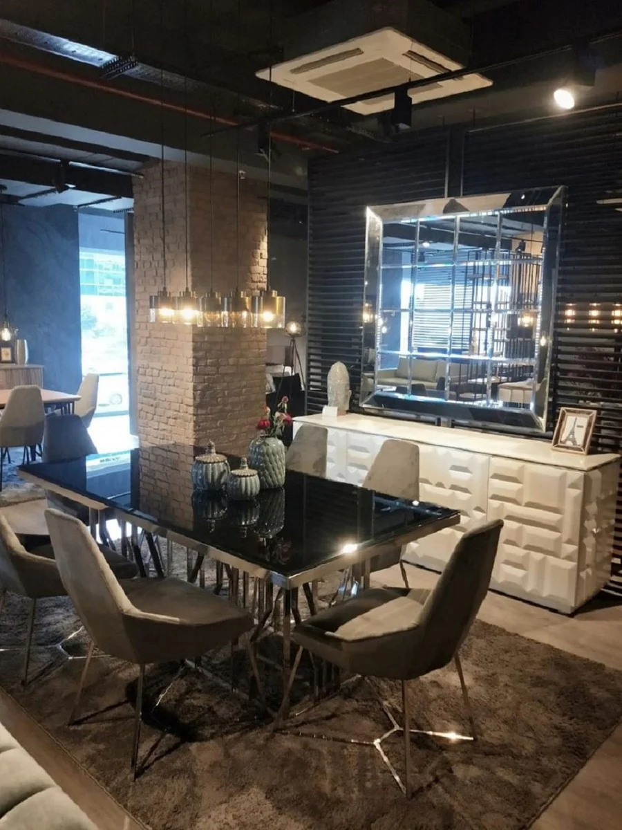 Luxury dining table silver / black 200 x 100 x H. 77 cm - Rectangular stainless steel kitchen table with glass top - Dining room furniture - Luxury furniture - Luxury furnishings