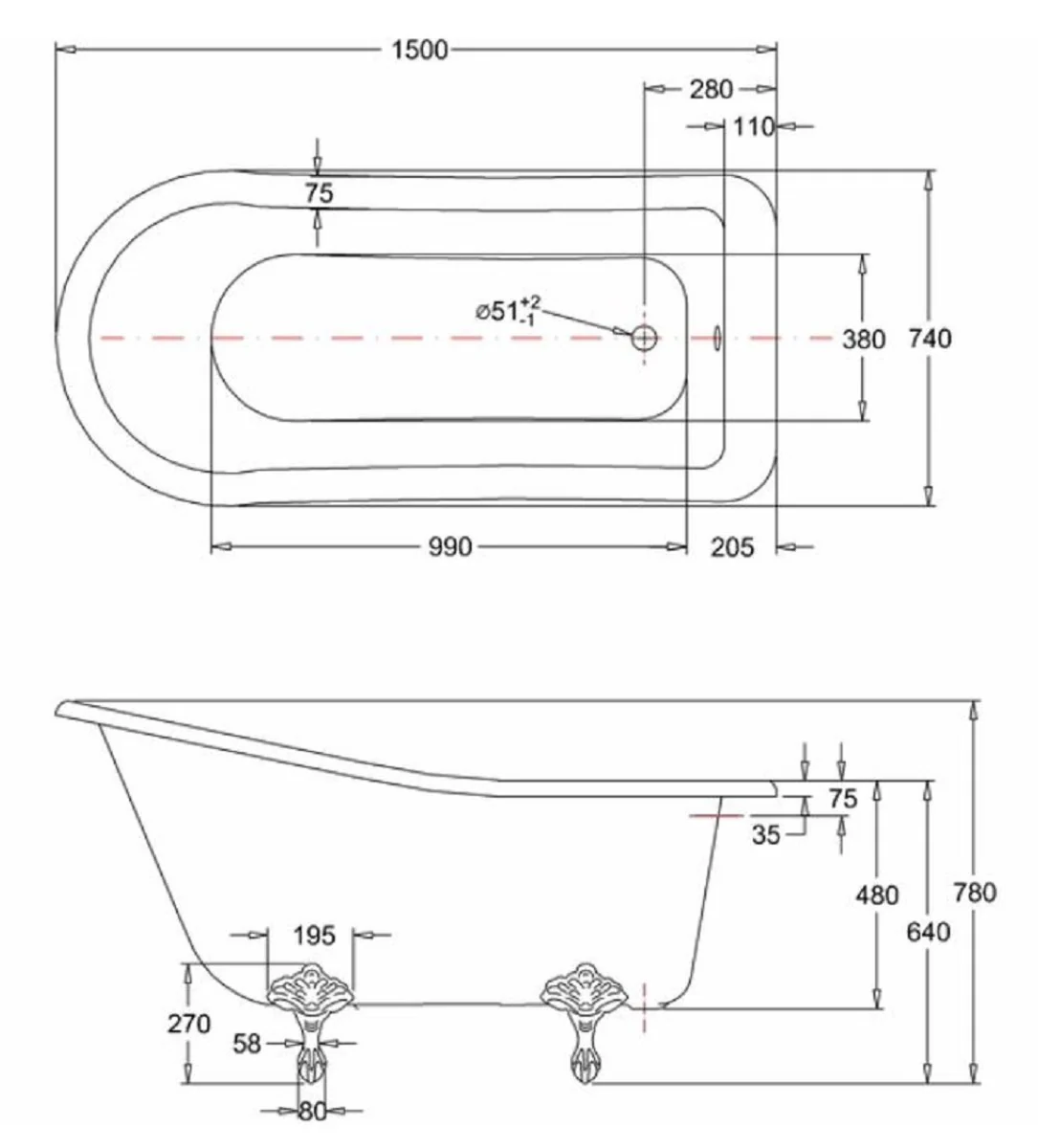 Luxury Art Nouveau bathtub white / black 150 x 75 x H. 78 cm - Freestanding retro acrylic bathtub - Retro bathroom furniture