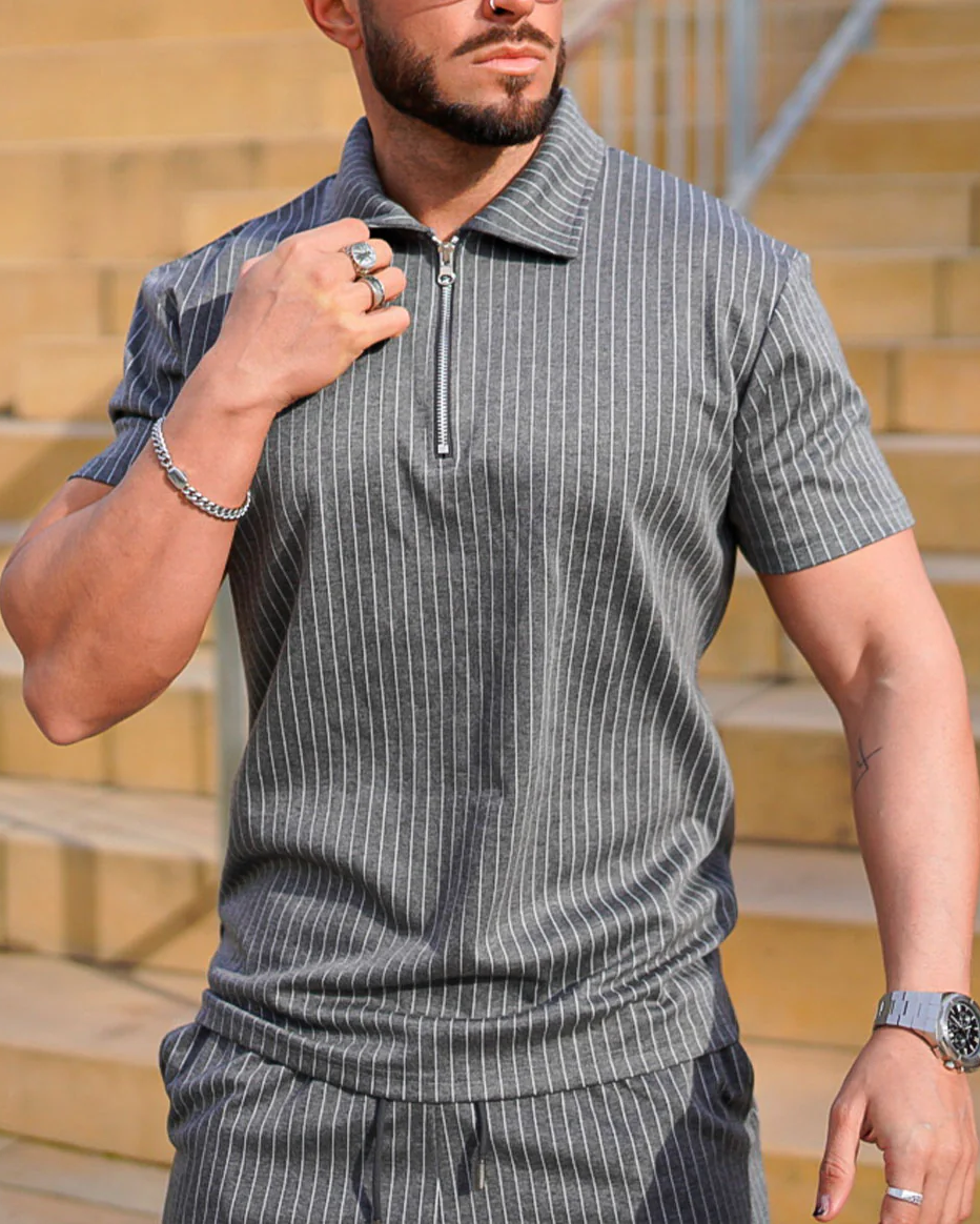Suitmens Men's Dark Gray Vertical Stripe Summer POLO Suit