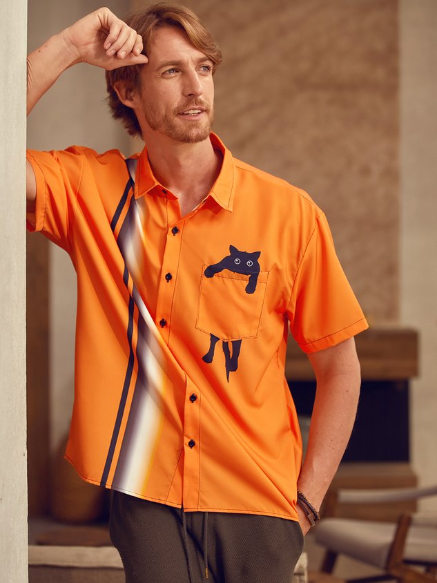 Black Cat Gradient Chest Pocket Short Sleeve Bowling Shirt