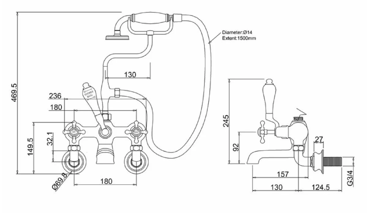Luxury Art Nouveau surface-mounted bathtub mixer gold / white H. 46.95 cm - Nostalgic brass bathtub mixer with hand shower - Nostalgic bathroom accessories