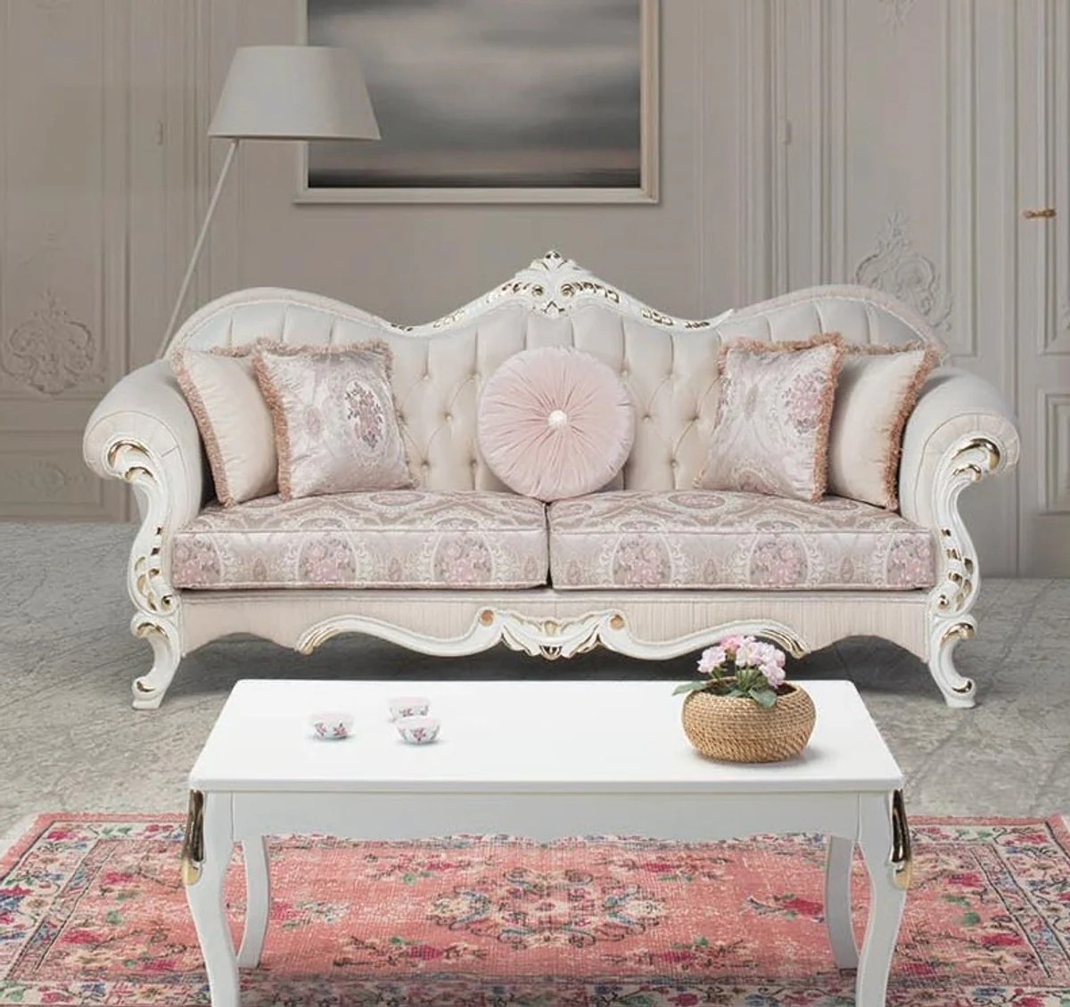 Luxury baroque living room set pink / white / gold - 2 sofas & 2 armchairs & 1 coffee table - living room furniture in baroque style - noble and magnificent