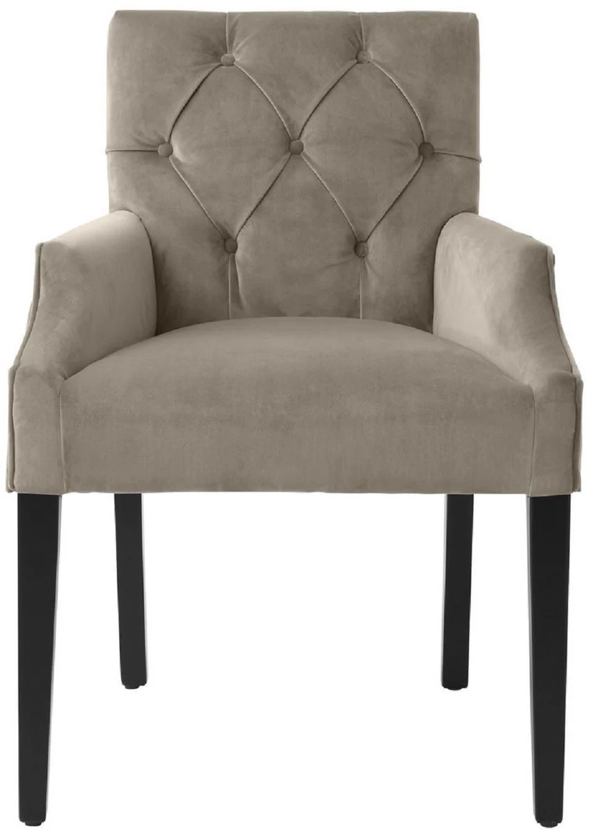 Luxury dining room chair with armrests Greige / Black 63 x 65 x H. 90 cm - Chesterfield kitchen chair with elegant velvet fabric - Luxury dining room furniture