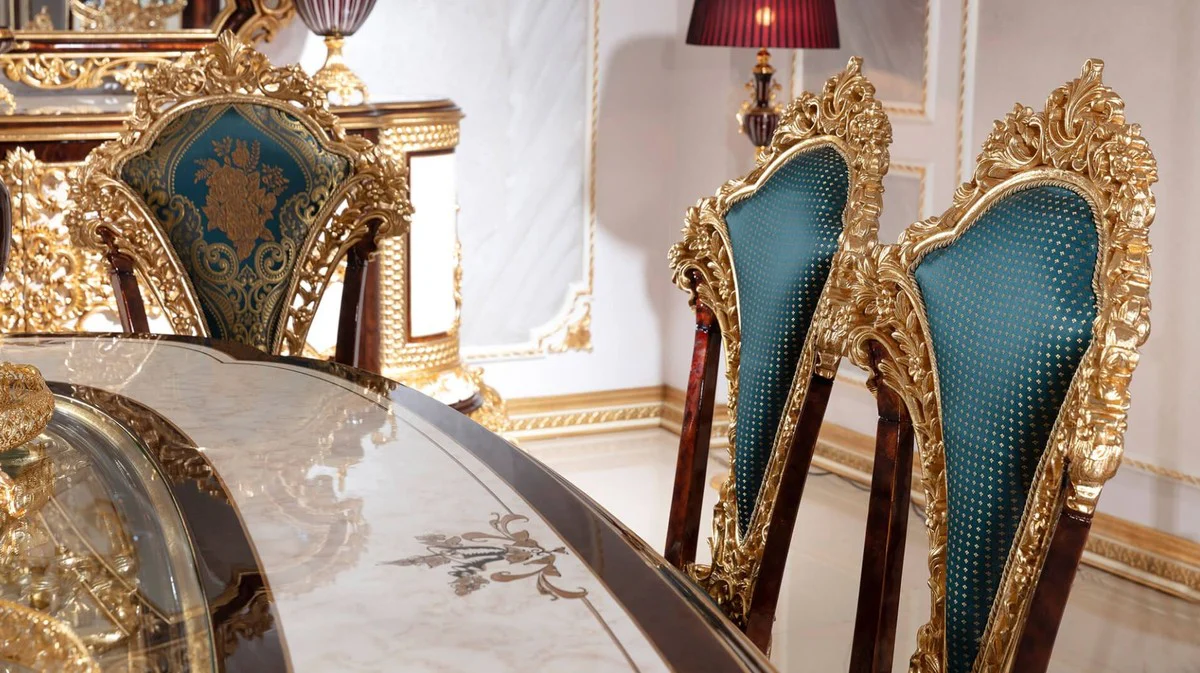 Luxury Baroque Dining Room Chair Set Blue / Brown / Gold - Handmade Kitchen Chairs Set of 6 with Elegant Pattern - Baroque Dining Room Furniture - Noble & Magnificent