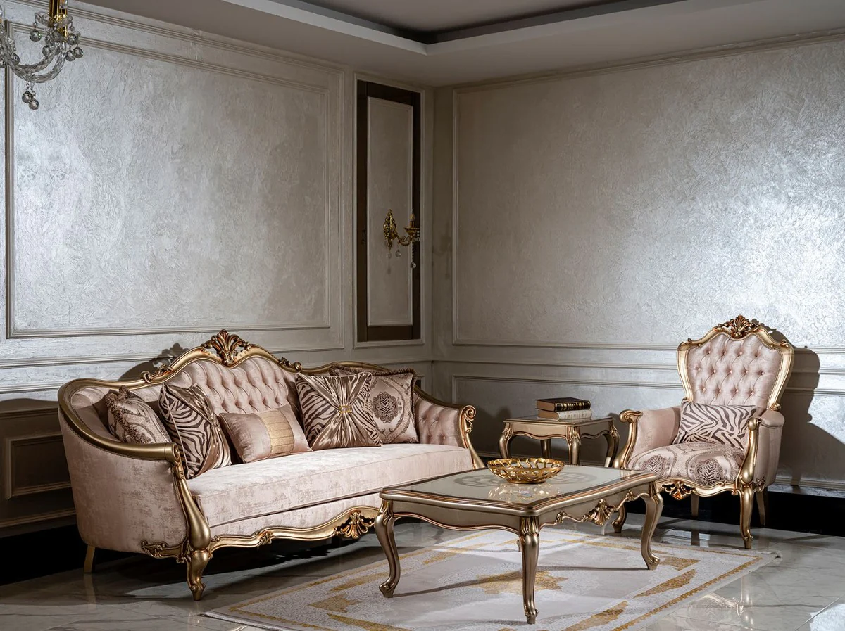 Luxury Baroque Sofa Pink / Gold - Handmade Living Room Sofa with Decorative Pillows - Living Room Furniture - Baroque Furniture