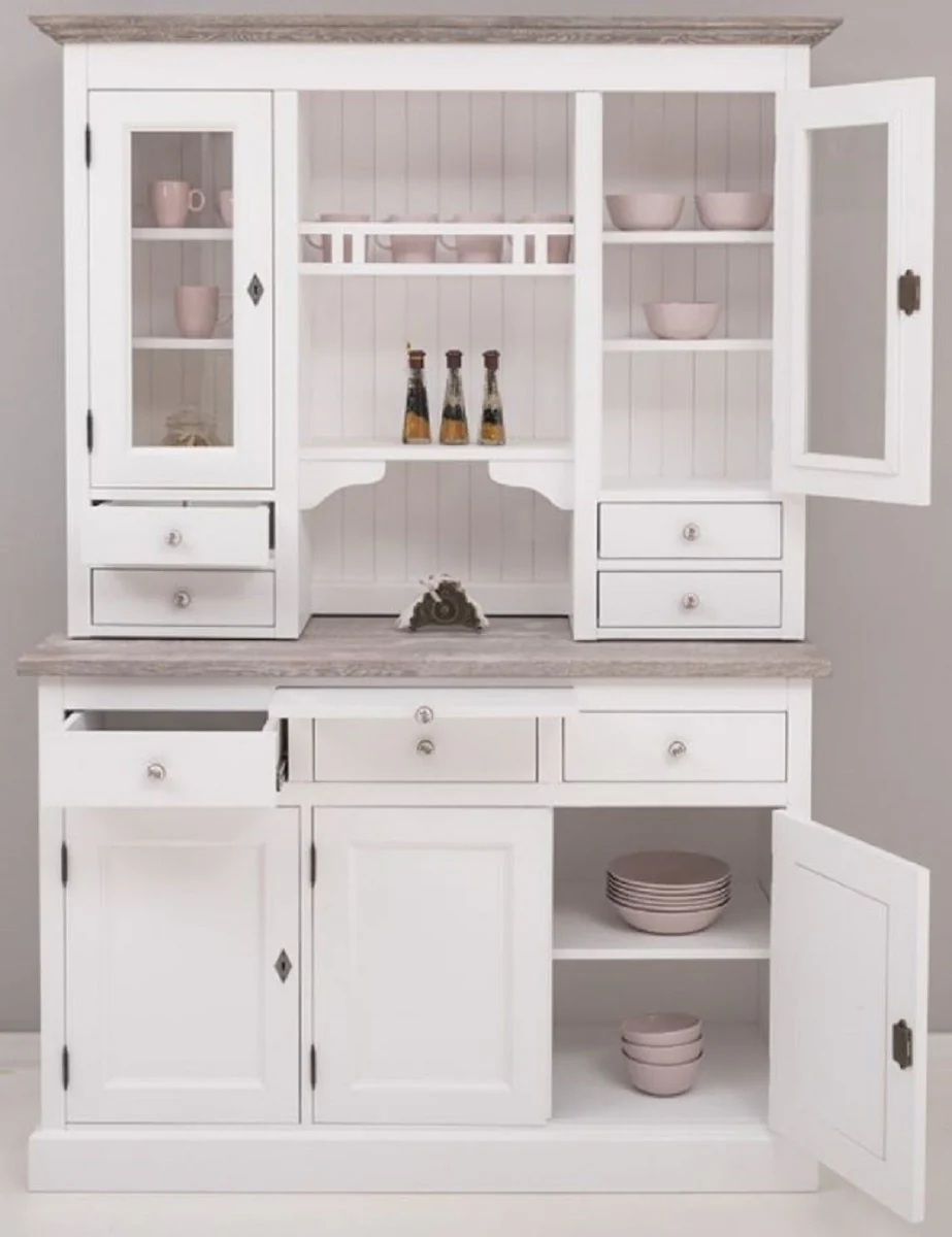 Country house style kitchen cabinet white / gray 138 x 50 x H. 197 cm - 2-part kitchen cabinet with 5 doors and 7 drawers - country house style kitchen furniture