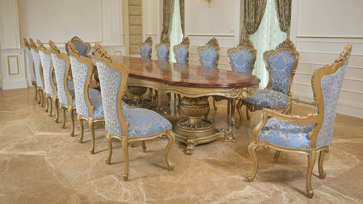 Luxury Baroque Dining Table Brown Intarsia / Gold 420 cm - Baroque Furniture - Made in Italy