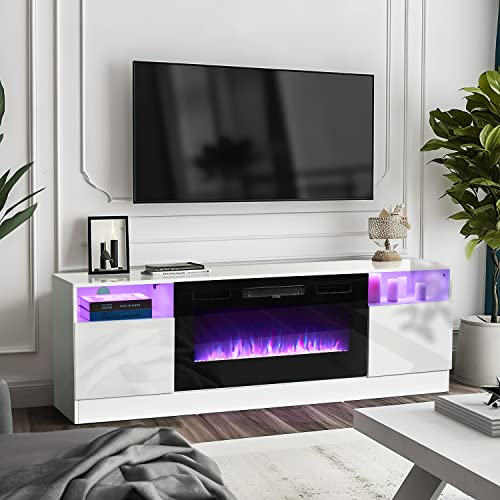 Oneinmil Fireplace TV Stand with 36" Electric Fireplace, LED Light Entertainment Center, Modern Wood, White