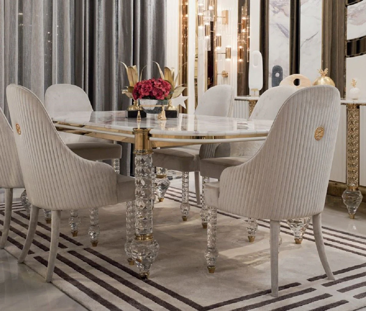 Luxury Art Deco Dining Room Set White / Gray / Gold - 1 Art Deco Dining Table with Faux Marble Table Top & 6 Art Deco Dining Room Chairs - Art Deco Dining Room Furniture - Luxury Quality
