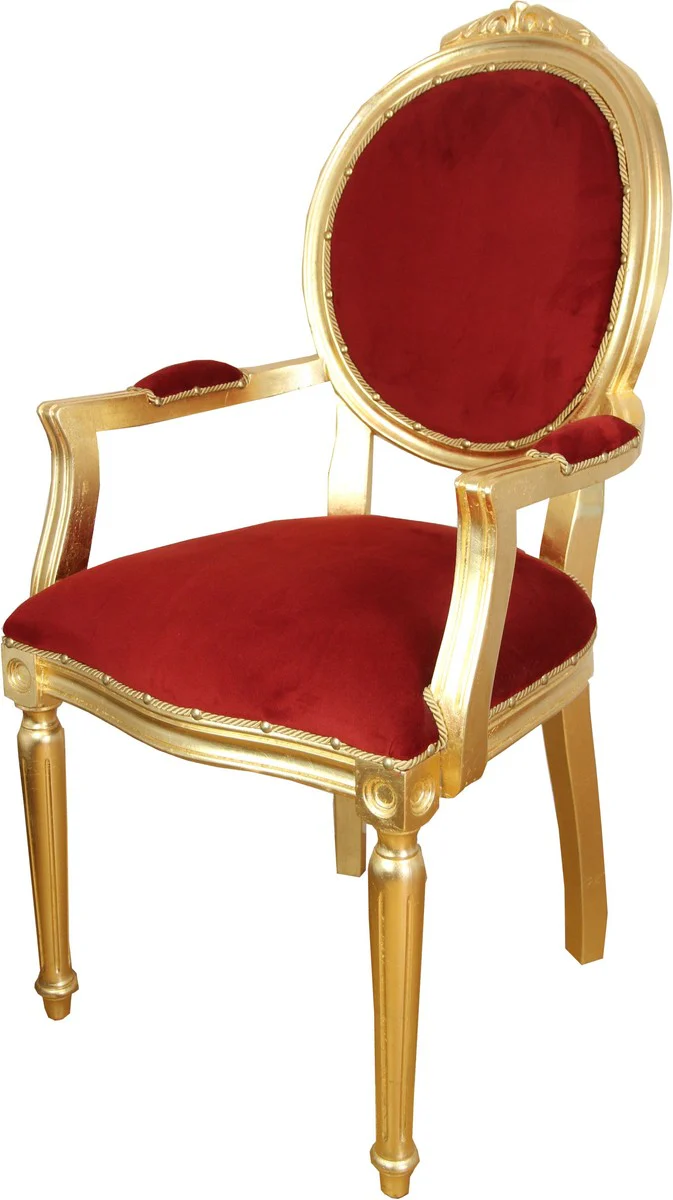 Baroque luxury dining room medallion chair with armrests burgundy velvet fabric / gold