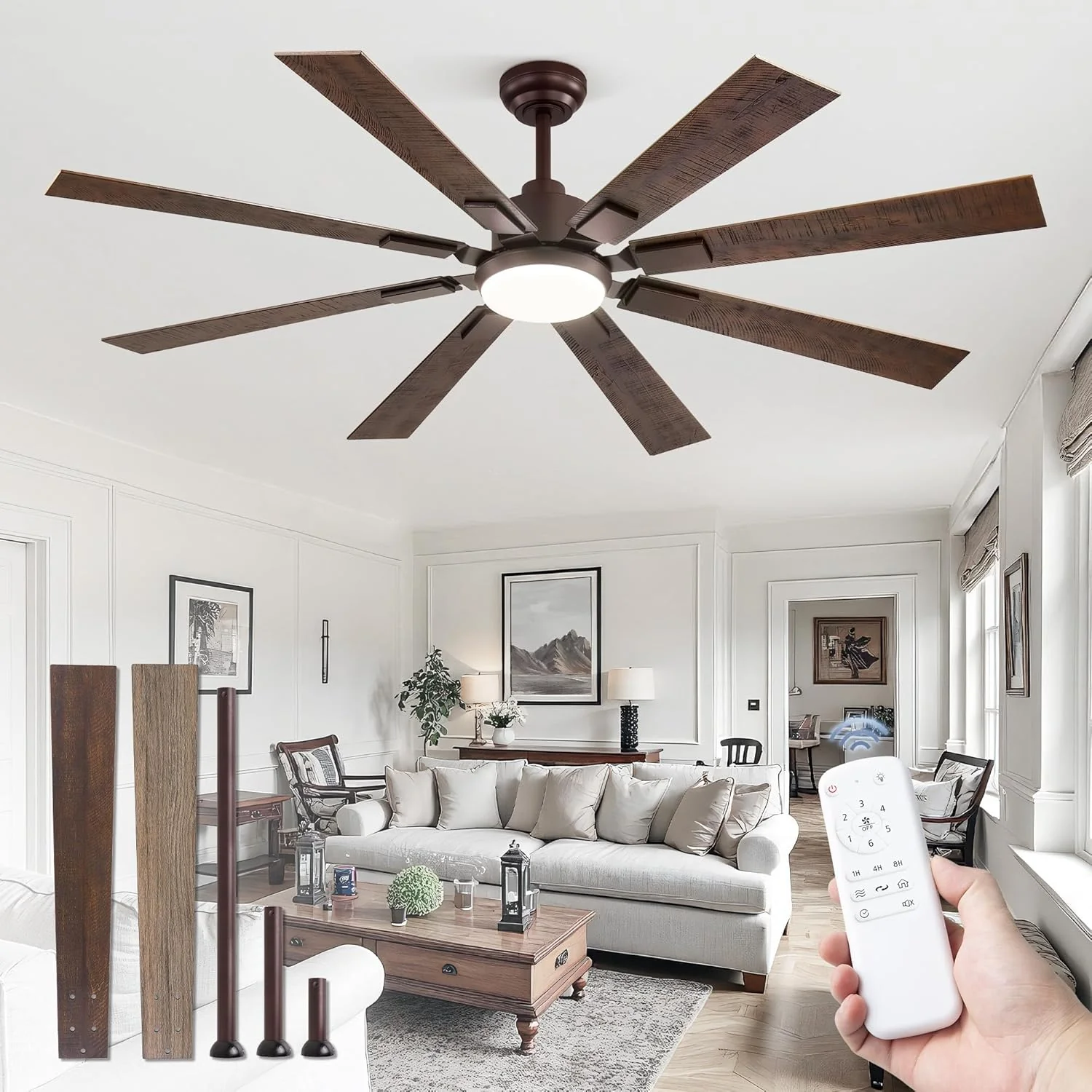ZMISHIBO 72 inch Large Ceiling Fans with Lights and Remote, Indoor/Outdoor Black Modern Ceiling Fan for Kitchen Living Room Patio, 6 Speed Reversible Quiet DC Motor, 3 CCT, Dual Finish 8 Blades