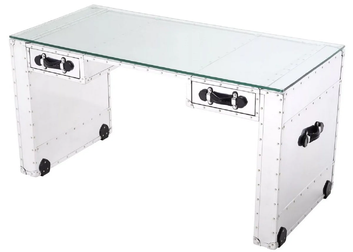 Luxury desk in suitcase design silver / black 150 x 72 x H. 76 cm - aluminum office table with glass top - aluminum furniture - office furniture - luxury furniture - luxury furnishings