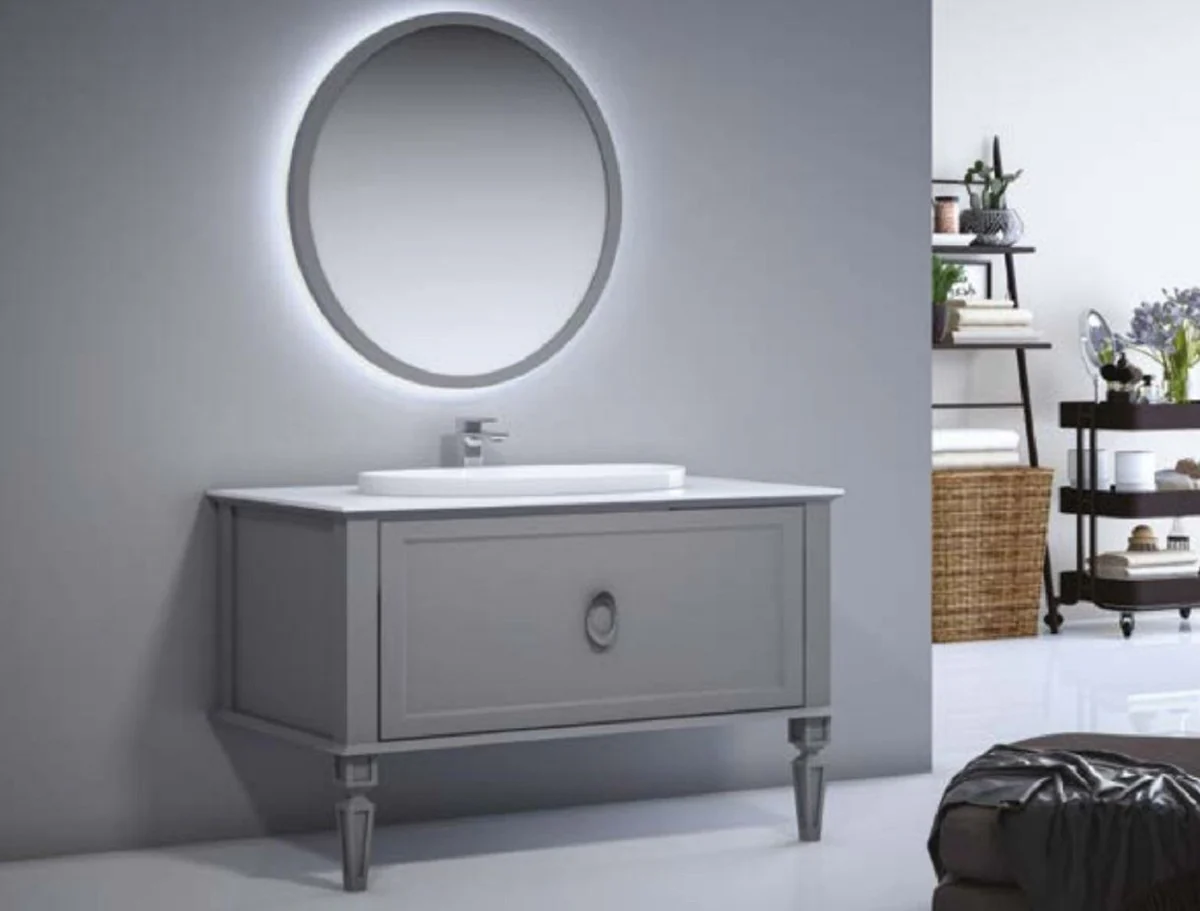 Luxury Baroque Bathroom Set Matt Gray / White - 1 Baroque Vanity Unit with Ceramic Washbasin & 1 Baroque LED Wall Mirror - Baroque Bathroom Furniture