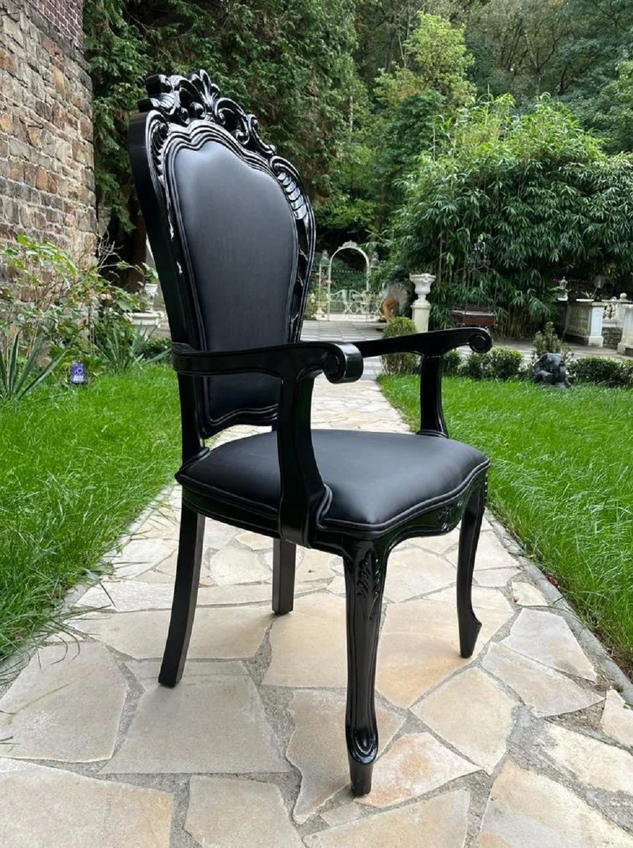 Luxury Baroque Dining Room Chair Black - Handcrafted Antique Style Chair with Armrests and Fine Faux Leather - Dining Room Furniture in Baroque Style - Noble & Magnificent