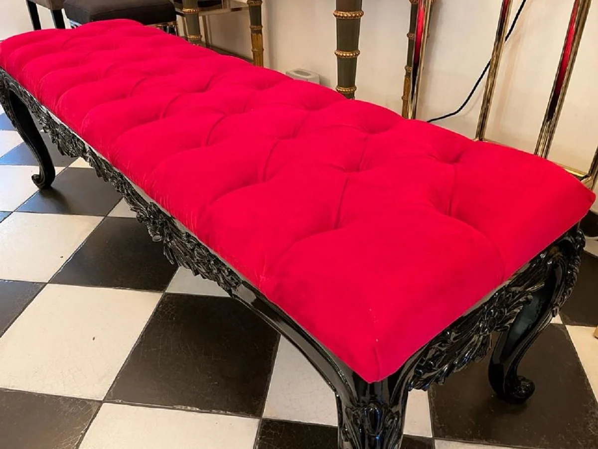 Baroque bench red / black - Padded solid wood bench with elegant velvet fabric and glittering stones - Handcrafted baroque furniture - Noble & magnificent