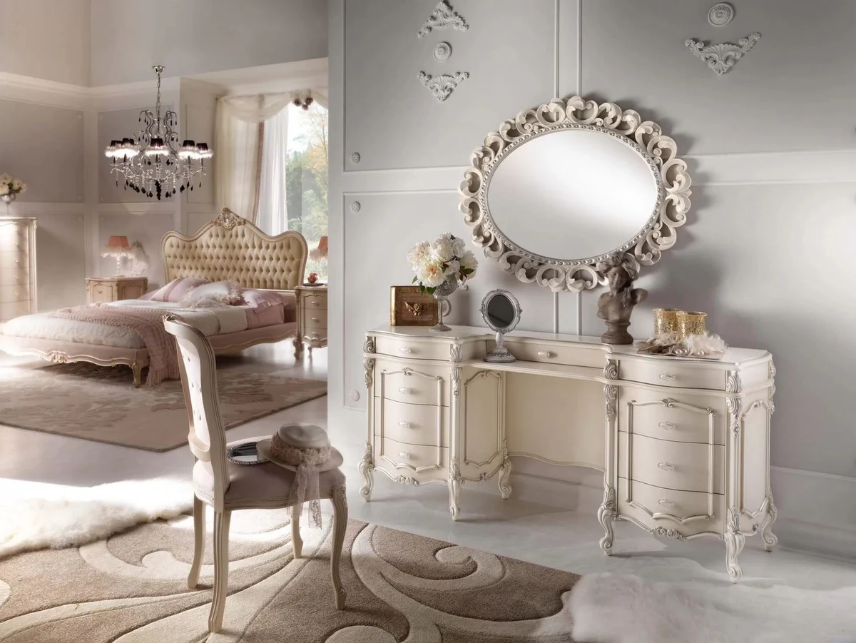 Luxury Baroque dressing table cream / silver - Elegant solid wood dressing table with 9 drawers - Baroque bedroom furniture - Luxury quality - Made in Italy