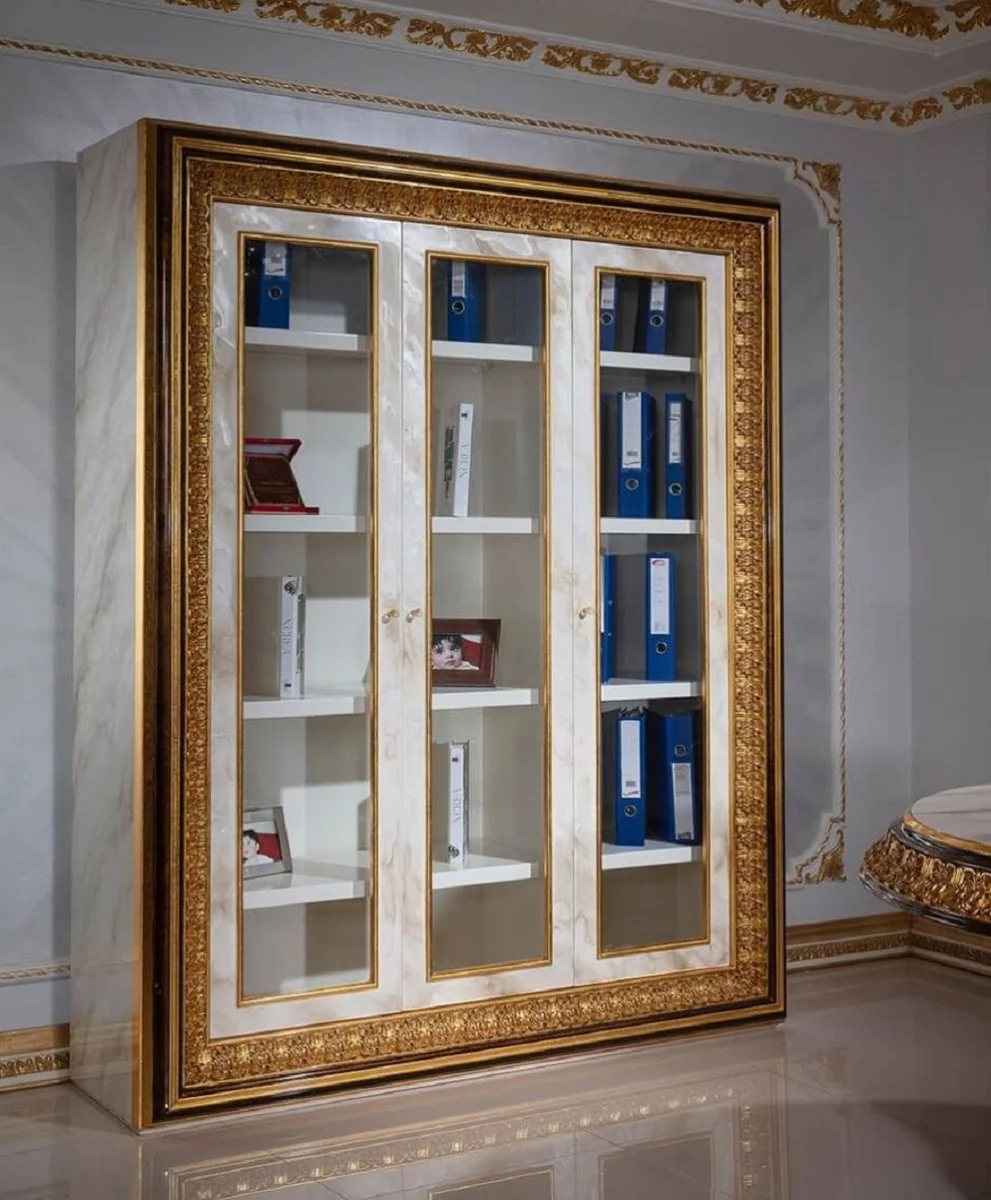 Luxury baroque bookcase white / dark brown / gold - magnificent solid wood cabinet with 3 glass doors - handmade baroque office furniture - noble and magnificent
