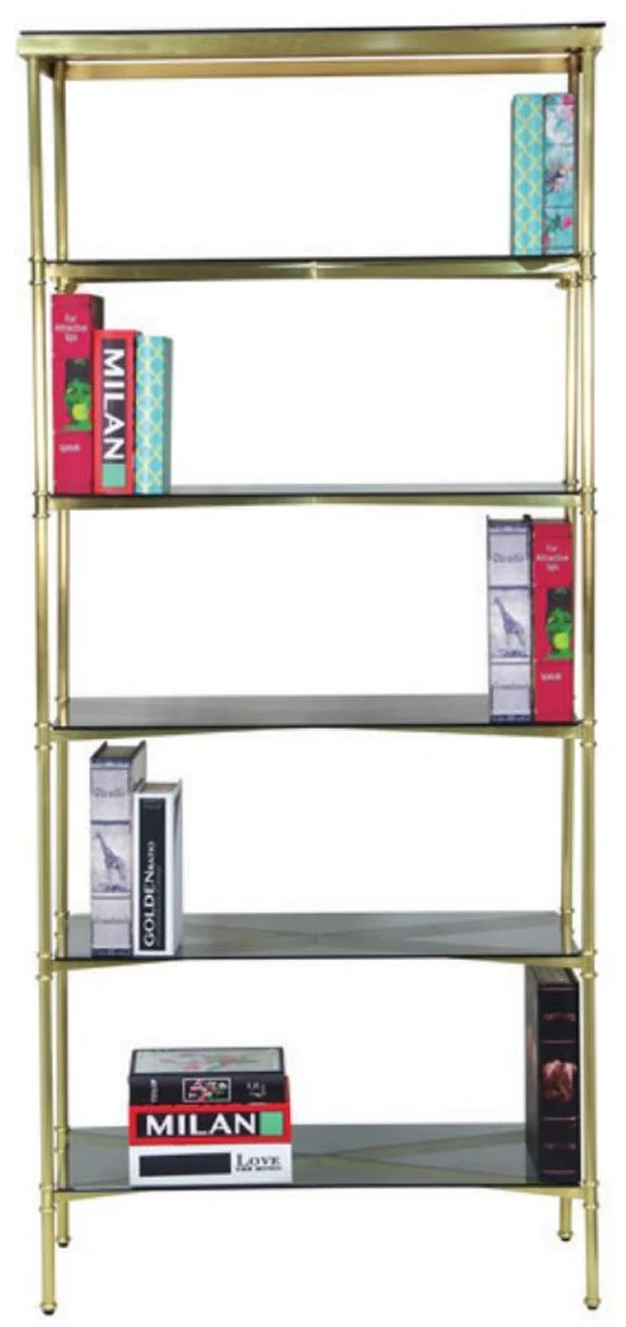 Luxury metal shelf cabinet with glass shelves gold / gray 118 x 42 x H. 216 cm - bookcase - living room cabinet - office cabinet - living room furniture - office furniture - luxury furniture