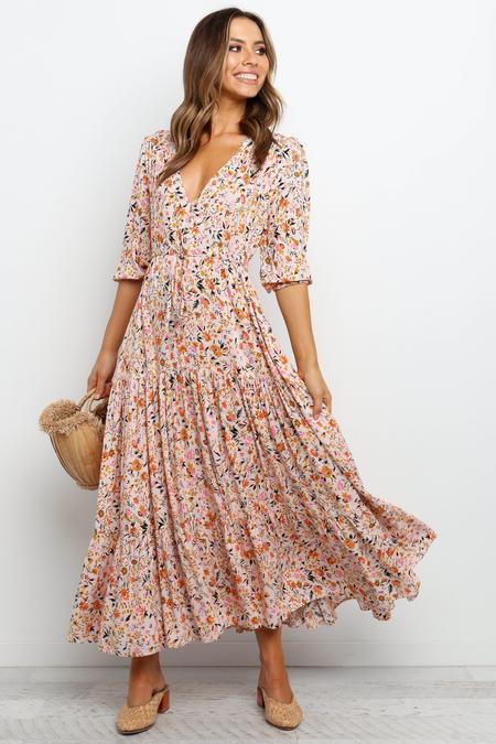 Pleated Floral Print Maxi Dress