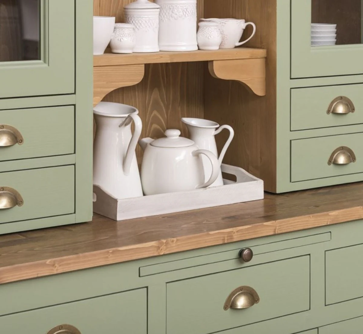 Country house style kitchen cabinet green / brown 137 x 50 x H. 197 cm - 2-part kitchen cabinet with 5 doors and 7 drawers - country house style kitchen furniture