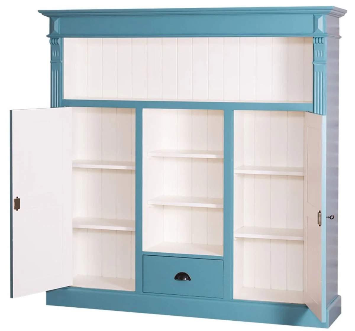 Country house style bookcase blue-green / white 60 x 36 x H. 100 cm - solid wood cabinet with 2 doors and drawer - living room cabinet - country house style furniture