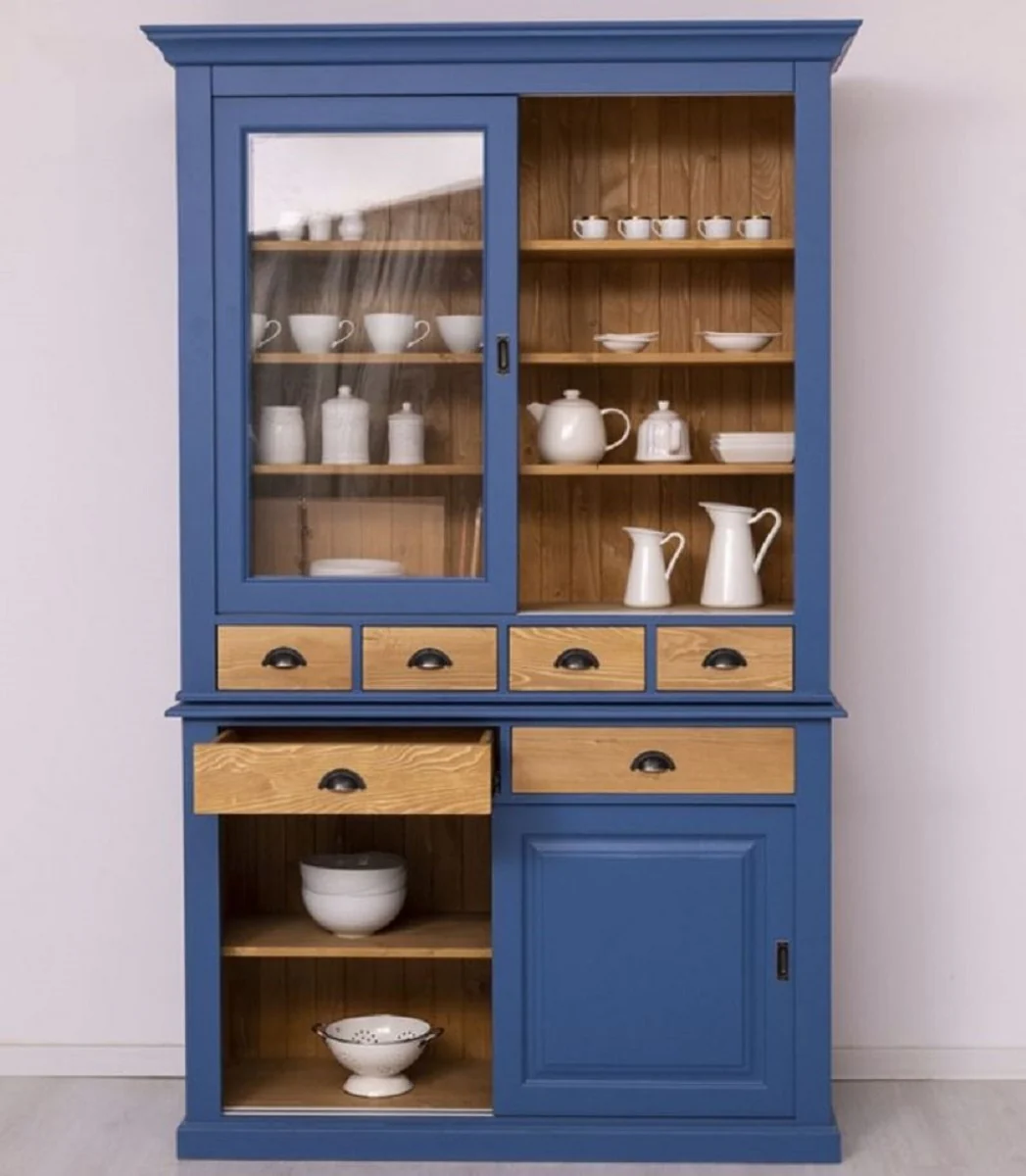 Country house style dining room cabinet blue / natural colors 142 x 48 x H. 225 cm - solid wood kitchen cabinet - country house style dining room furniture