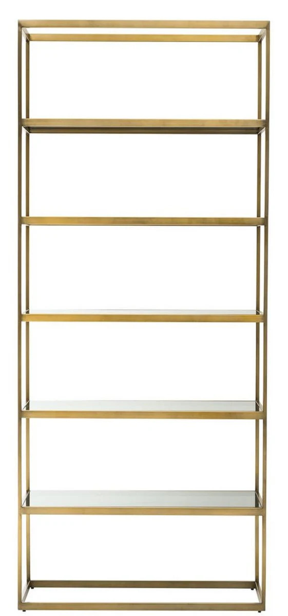 Luxury shelf cabinet brass / gray 95 x 40 x H. 225 cm - stainless steel cabinet with 5 glass shelves - office furniture - living room furniture